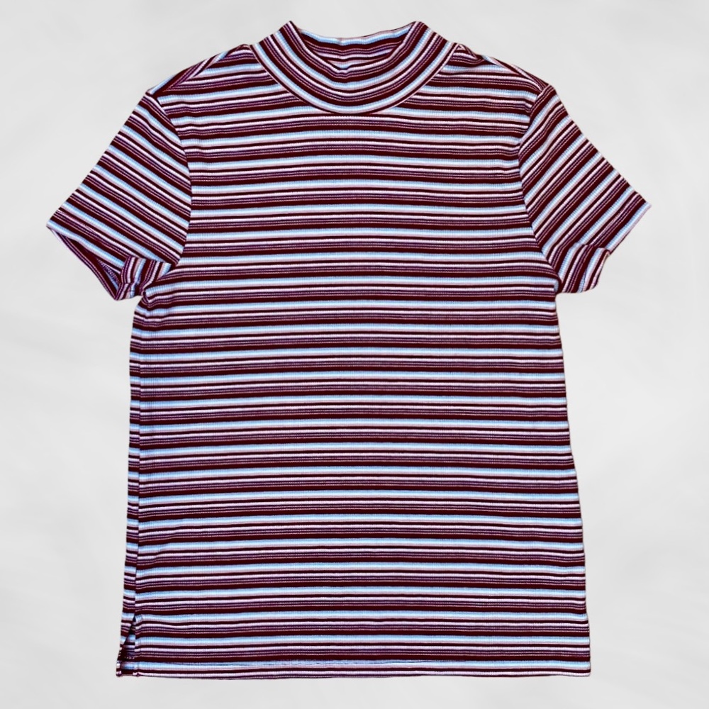XS Mock Neck Striped Top Burgundy, Pink, Blue, and White